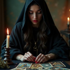 May include: A person wearing a black hooded robe sits at a table, surrounded by tarot cards. A lit candle in a wooden holder illuminates the scene. The person's hands are placed over the cards, suggesting a reading or divination session.