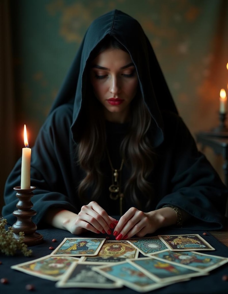 May include: A person wearing a black hooded robe sits at a table, surrounded by tarot cards. A lit candle in a wooden holder illuminates the scene. The person's hands are placed over the cards, suggesting a reading or divination session.
