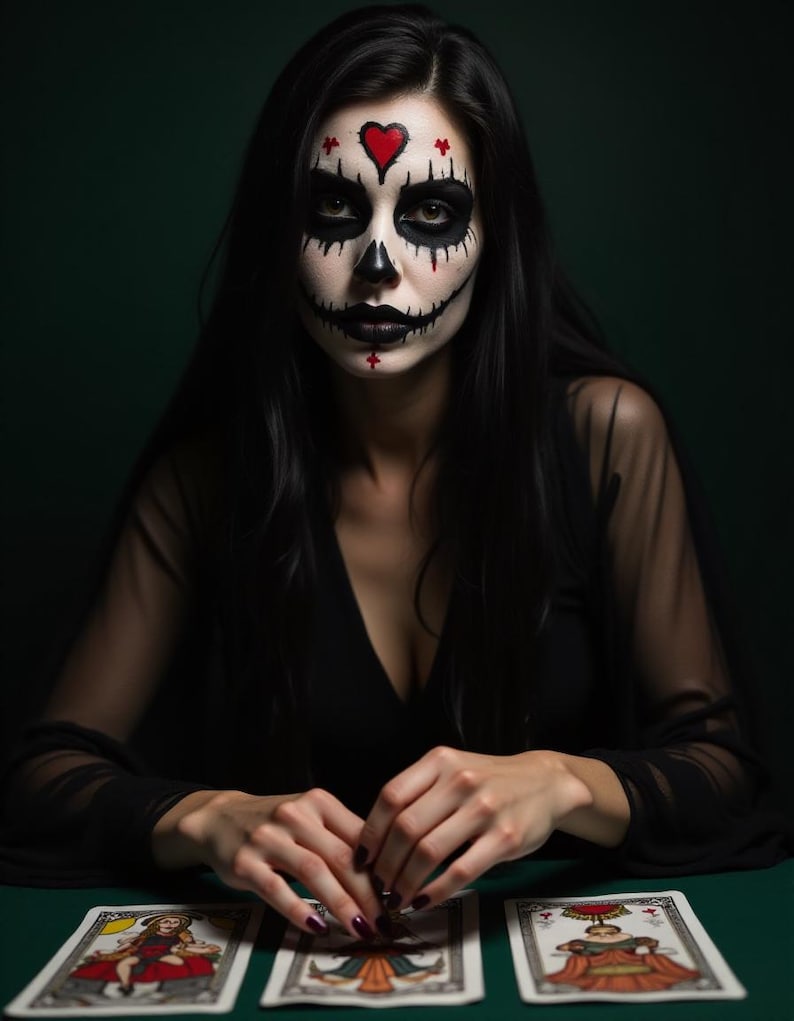 May include: A person with Day of the Dead-style face paint, including a heart on the forehead and black accents around the eyes and mouth. The person is wearing a black dress and is seated at a green table with tarot cards.