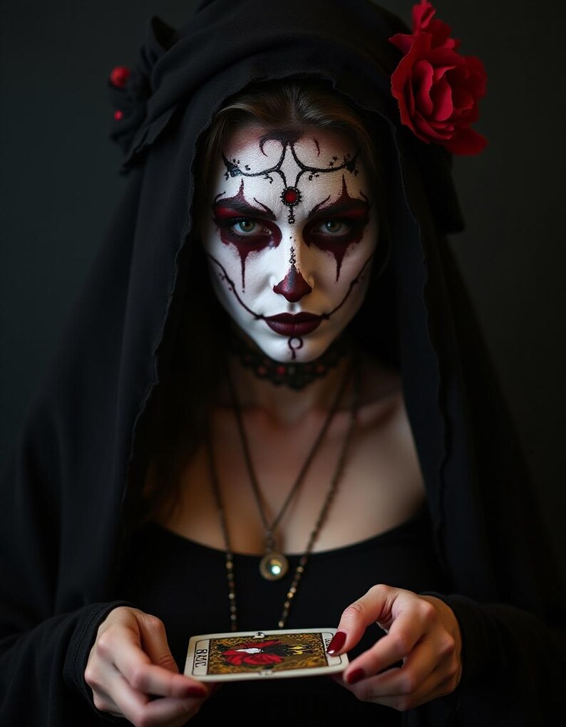 May include: A woman wearing a black hooded cloak and intricate makeup holds a tarot card with the number "VIII" and the word "JUSTICE" printed on it. The card features a red and gold design.