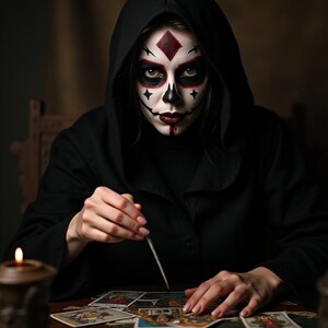 May include: A person wearing a black hooded cloak and face paint, with a red diamond on the forehead and black accents. The person is holding a thin tool over a spread of tarot cards on a wooden table. A lit candle is in the foreground.