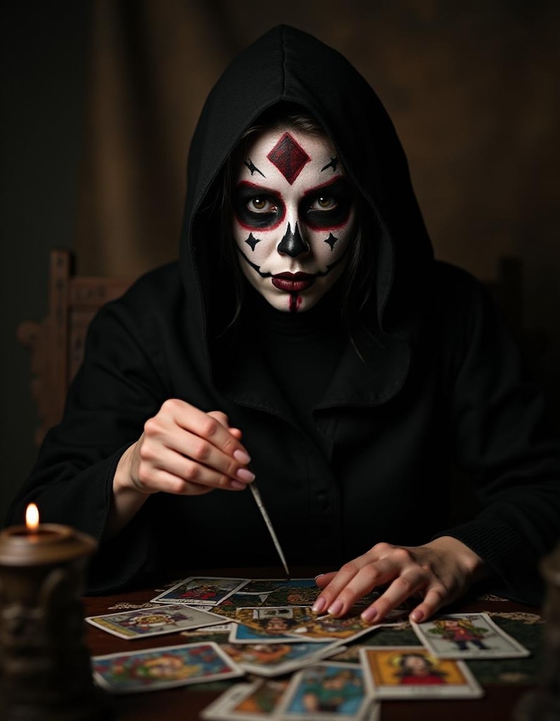 May include: A person wearing a black hooded cloak and face paint, with a red diamond on the forehead and black accents. The person is holding a thin tool over a spread of tarot cards on a wooden table. A lit candle is in the foreground.