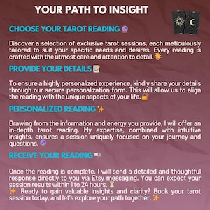 May include: A maroon graphic with the text "YOUR PATH TO INSIGHT" and steps for a tarot reading. The steps include choosing a reading, providing details, receiving a personalized reading, and receiving the reading. Two tarot cards are shown.