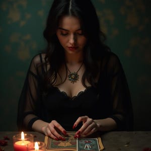 May include: A woman wearing a black dress and sheer top reads tarot cards on a table lit by candles. The cards are spread out in front of her, and she is looking down at them intently.