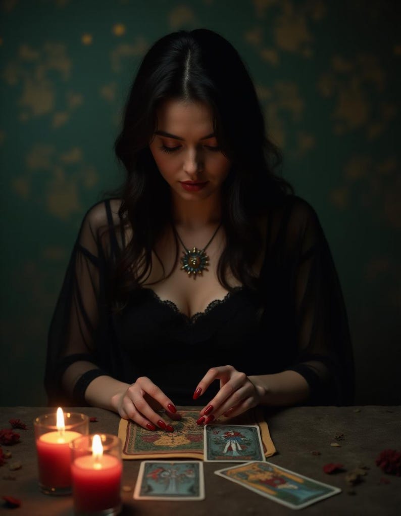 May include: A woman wearing a black dress and sheer top reads tarot cards on a table lit by candles. The cards are spread out in front of her, and she is looking down at them intently.