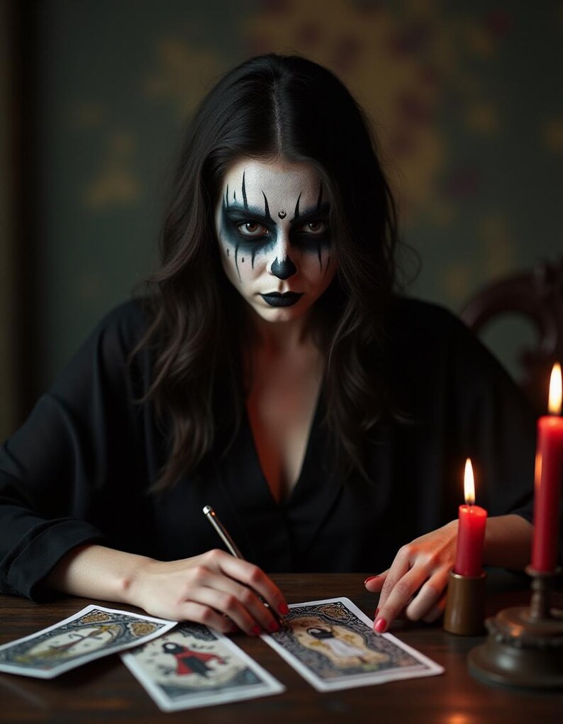 May include: A woman with dark hair and black and white face paint sits at a table with three tarot cards spread out in front of her. She is holding a pen and appears to be reading the cards. Two red candles are lit on the table.