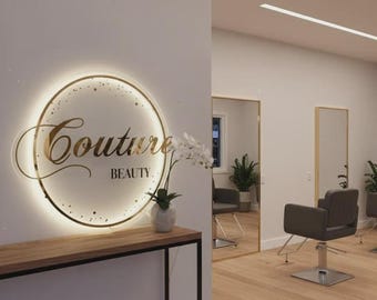 Custom Logo Beauty Salon Decor | Round Acrylic LED Business Signage | Hair Studio & Boutique Illuminated Acrylic Wall Art
