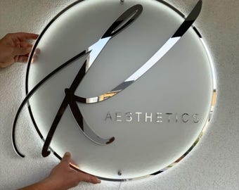 Custom Acrylic 3D Silver Mirror Letters Sign, LED Round Hanging Shop Sign, Custom Light up Backlit Sign