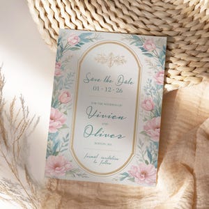 Rosa Blumen und Wildblumen speichern die Datumskarte, Hochzeit sanfte Wildblumen Einladungsvorlage, Goldrahmen Wildblumen Datumskarten, Vivien