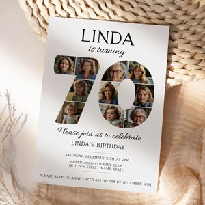 Invitación de 70 cumpleaños para mujeres, plantilla de invitación para hombres, temas de invitación para aniversario de 70 años, prueba la demostración gratuita antes de comprar, Birthy