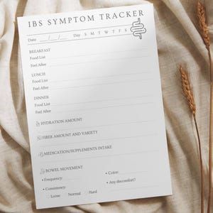 May include: A printable IBS symptom tracker with sections for tracking food intake, hydration, fiber, medication, and bowel movements. The tracker includes a calendar, a space for notes, and a graphic of the human digestive system.