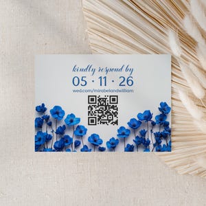 Royal Blue Wildflower bruiloft RSVP-kaart met QR-code, marineblauwe wilde bloem Reageer a.u.b. Kaarten Wildflowers antwoord gevraagd uitnodiging, Mirabel
