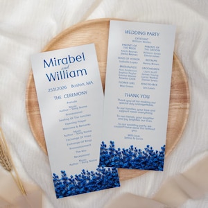 Carte de programme de mariage bleu royal fleurs sauvages - modèle de détails de l'ordre de service fleurs sauvages bleu marine, guide d'itinéraires fleurs sauvages de 2 pages, Mirabel