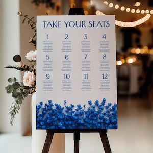 Bord bord Royal Blue Wildflower bruiloft: 16, 12, 9, 8 tafels. Marineblauwe tabel met wilde bloemen, bord met wilde bloemen, Mirabel