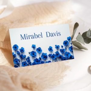 marque-places de table fleurs sauvages bleu roi, modèles plats 3,5 x 2 pouces et pliés 3,5 x 4 pouces fleurs sauvages bleu marine, modèle imprimable fleurs sauvages, Mirabel