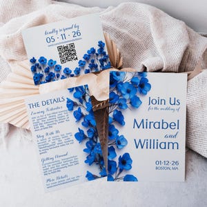 Modèle de suite de faire-part de mariage fleurs sauvages bleu royal, jeu d'invitations fleurs sauvages bleu marine - invitation, programme, cartes RSVP fleurs sauvages, Mirabel