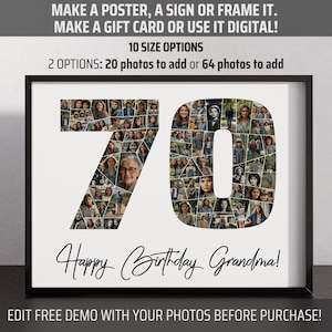 70th Birthday Gift Mosaic Photo Collage - 70 Years Poster Gifts Idea Or Use As Party Sign Decorations, Free Demo Before Buy, Birthy