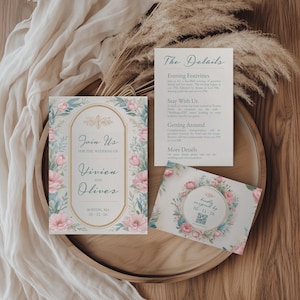 Rosa Blumen Wildblumen Hochzeitseinladungs-Vorlage, sanftes Wildblumen-Einladungs-Set - Wildblumen mit Goldrahmen-Karten, Vivien