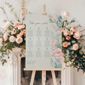 Bord met tafelkaart voor bruiloft met wilde bloemen: 3-15 tafels. Tafellijstsjabloon met zachte wilde bloemen, warmroze bloemen, elegante borden, Vivien