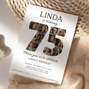 75e verjaardagsuitnodiging voor vrouwen, mannen kaartuitnodigingssjabloon, uitnodigingsthema's 75 jaar oud, gratis demo proberen, geboortedatum