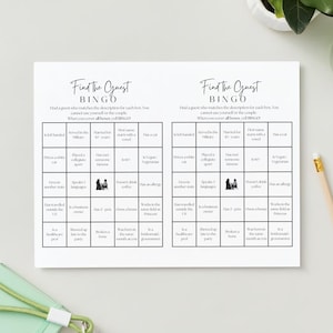 Plantilla personalizada de tarjetas de bingo para novias Find the Guest en Canva