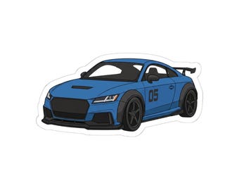 May include: A blue sports car illustration featuring a wide body kit, a rear spoiler, and the number 05 printed on the side door. The vehicle has dark grey wheels, a black front grille, and black trim accents along the fenders and lower body panels.