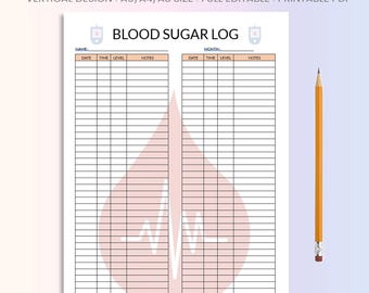 Blood Sugar Tracker Log, druckbares, bearbeitbares PDF & Word, minimalistisches Design