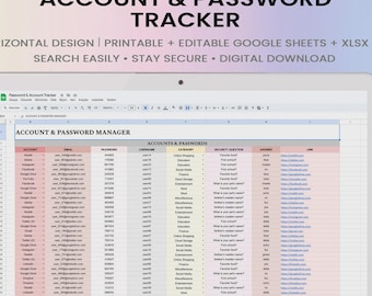 Konto & Passwort Tracker | Bearbeitbare Google Sheets - Excel-Vorlage | Sichere Anmeldung Organisator | Digitaler Download
