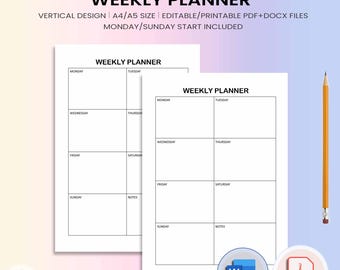 Weekly Planner Printable | Editable Minimalist Layout for A4/A5 | Word & PDF Files | Sunday/Monday Start Included