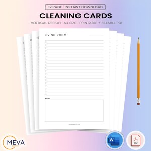 Cartes de nettoyage imprimables | Liste de contrôle de nettoyage par organisateur de pièce et de maison | Modèles à téléchargement immédiat pour une organisation facile