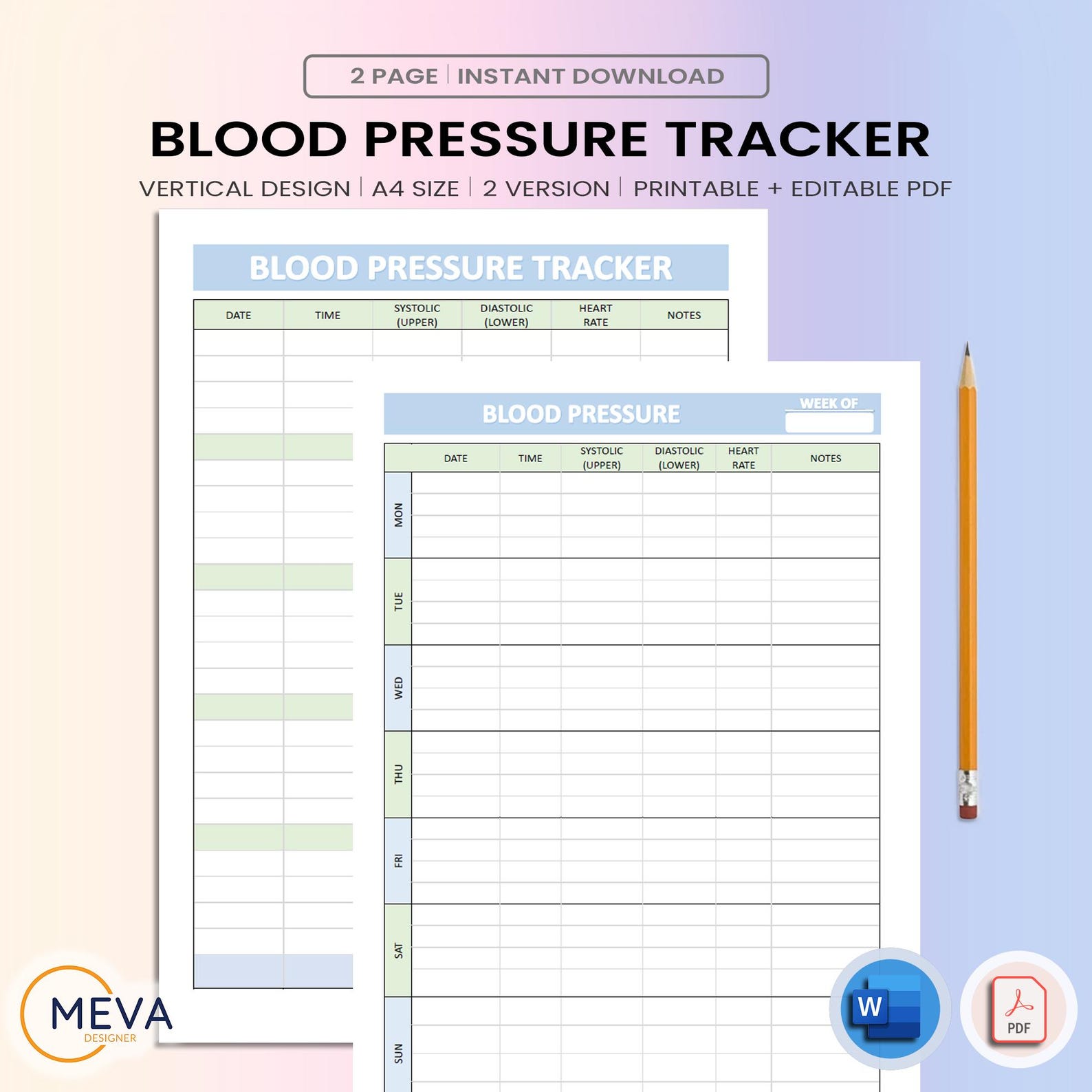 Daily Weekly Blood Pressure Tracker Printable, A4 Health Log (editable ...