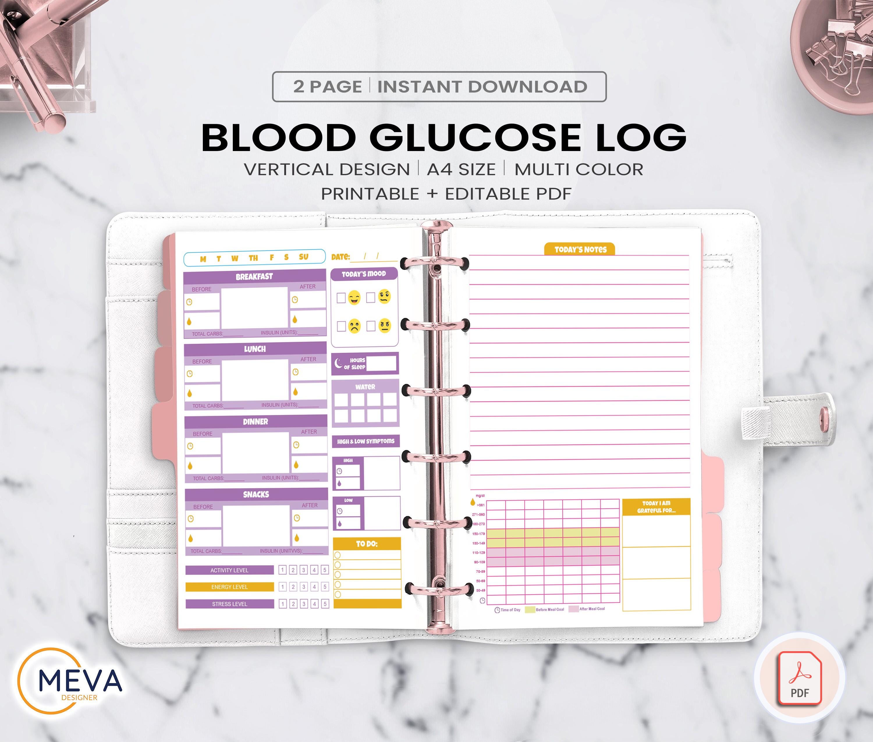 Blutzucker-Tagebuch, druckbares und bearbeitbares PDF, Diabetes-Tracker, tägliches Zuckertagebuch, sofortiger Download, mehrfarbiger Planer
