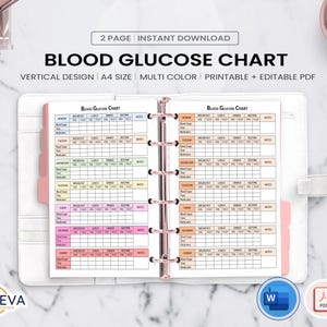 Bloedglucosegrafiek: digitale pdf voor diabetesgezondheid, GoodNotes-planner invoegen A5-A4-letterformaat, controleer je niveaus