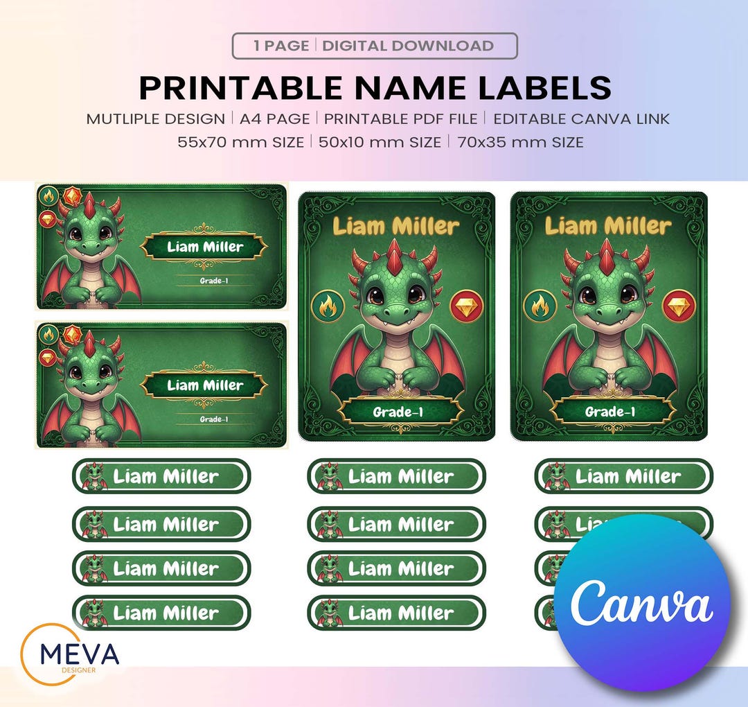 Editable Dragon Name Labels: DIY School Stickers Canva Template ...