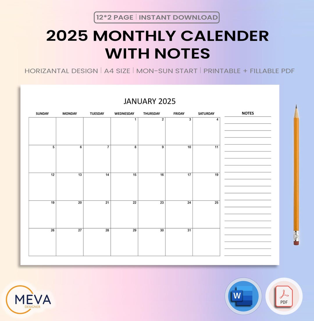 2025 Monthly Calendar With Notes: Minimalist Landscape Planner (MS Word ...