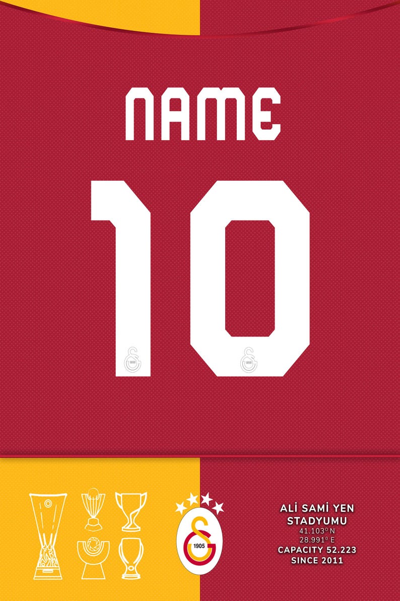 May include: A red and yellow football shirt with the number 10 on the front. The shirt features the team's logo and the name "Ali Sami Yen Stadyumu" with the stadium's location, capacity, and year built.