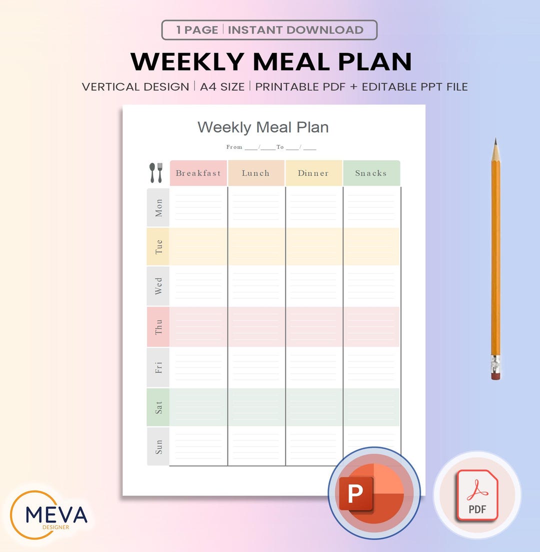 Weekly Meal Planner, Minimalist Printable PDF + Editable PPTX, A4 ...