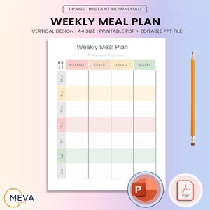 Weekly Meal Planner, Minimalist Printable PDF + Editable PPTX, A4/Letter