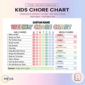 Kids Weekly Chore Chart: Reward Tracker, Routine Planner (Printable PDF A4)
