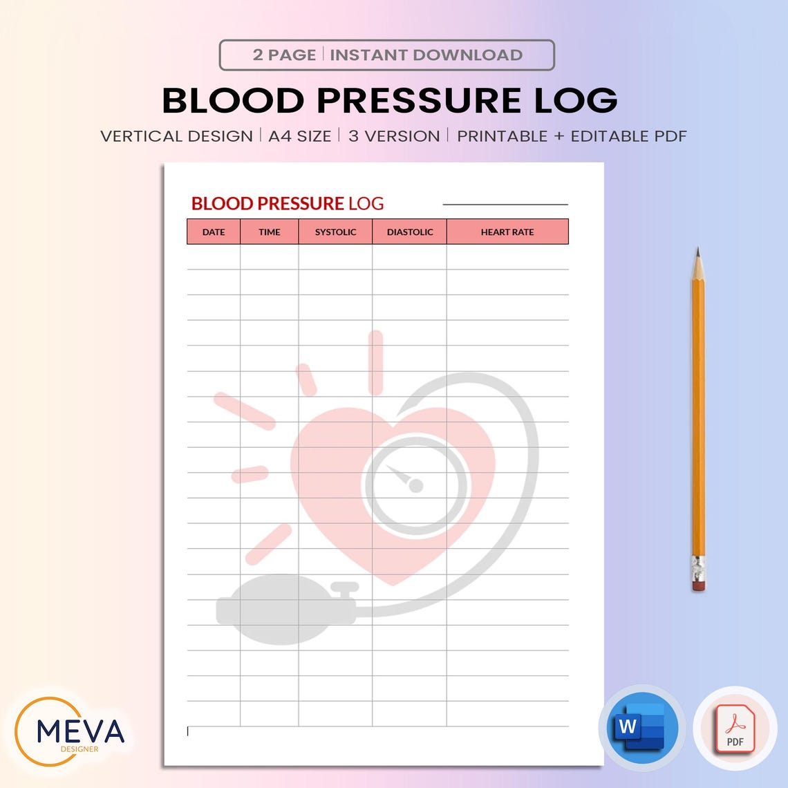 Printable Blood Pressure Log – Minimalist Health Tracker (PDF & Word ...