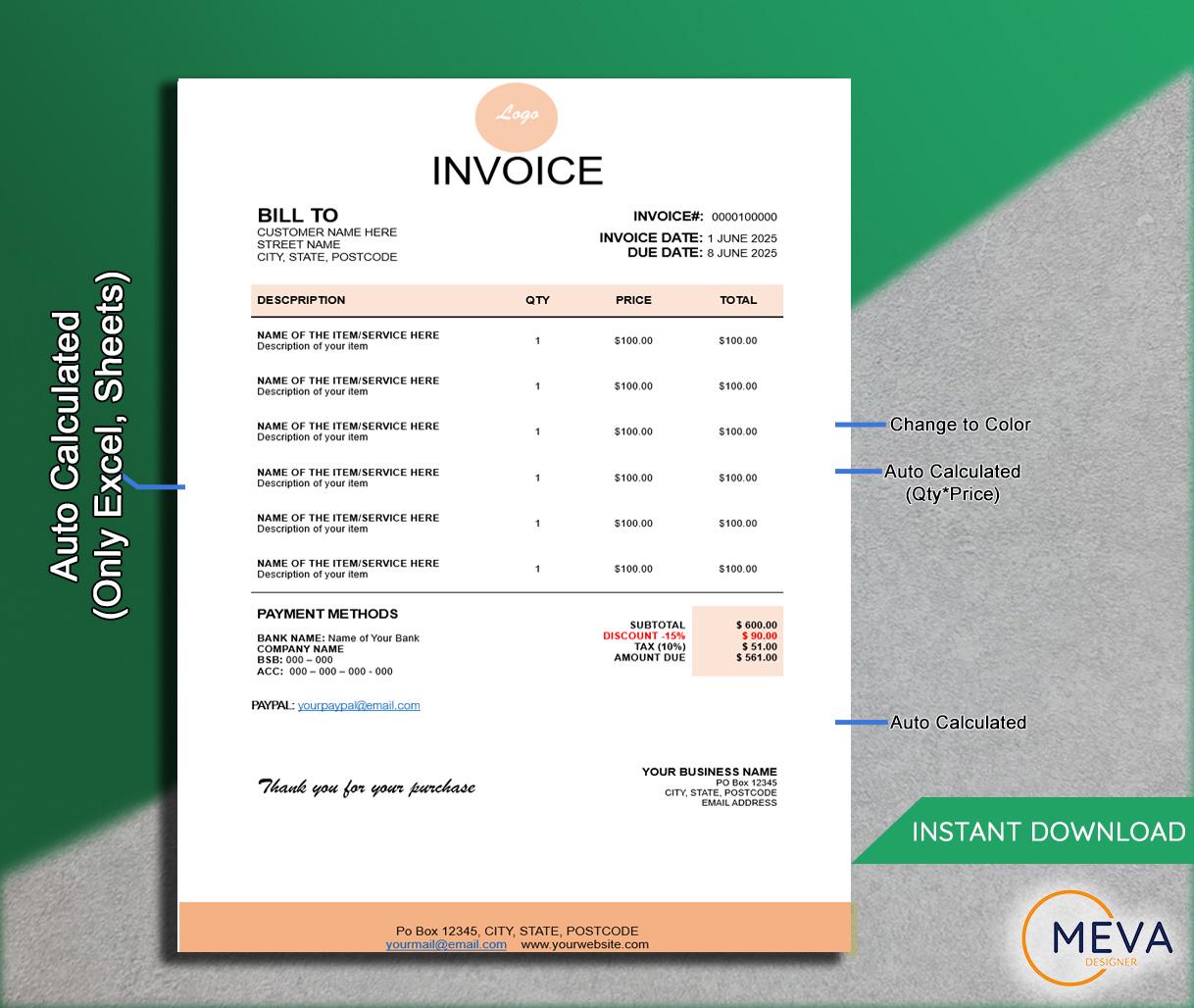 Sample Bill Copy Editable Invoice Template: Excel & Word, Small Business Billing ...