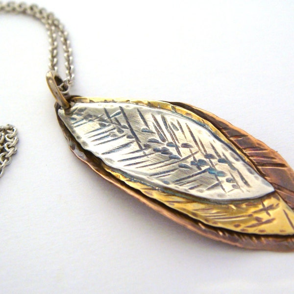 Mixed Metal Necklace - Autumn Leaves - Silver - Copper - Brass - Textured Leaf Necklace - Handmade Fall Jewelry