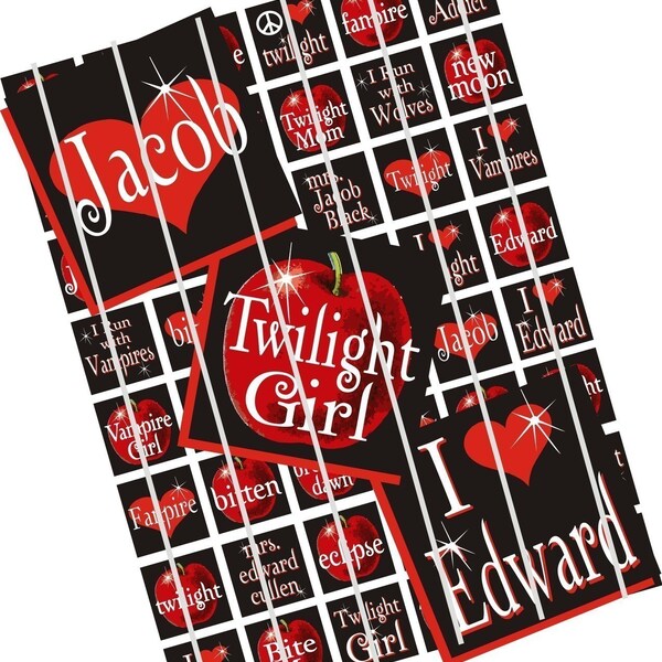 SPARKLING TWILIGHT Quotes and Sayings Digital Collage Sheet - INCHIE SIZE (1X1 Squares) - 48 Sparkling Apples and Hearts Featuring Edward, Jacob, Vampires, Wolves, New Moon, Eclipse and More
