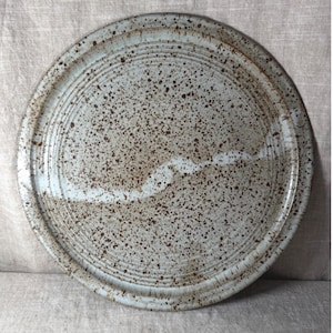May include: A round ceramic plate featuring a light grey base colour with a dense pattern of dark brown speckles. The surface displays concentric circular ridges radiating from the centre, with a distinct white horizontal band across the middle.