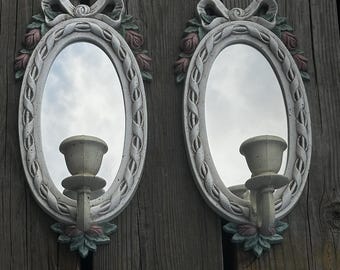 Vintage 2x white Wall Sconce Candle Mirror White w/Pink Flowers Bows Coquette