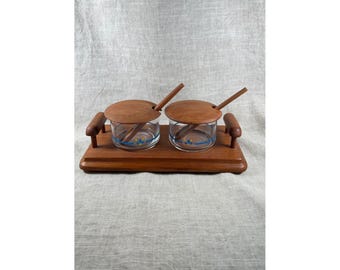 Zestaw tac na przekąski z drewna tekowego Goodwood w stylu vintage, miski i łyżki, połowa XX wieku