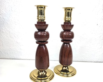 Vintage Wood and Brass Candlesticks Pair Turned Wood Mid Century Candle Holders