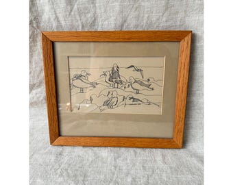 Vintage 1977 Brad Evergreen Seagulls #2 signierte Federzeichnung gerahmt Kunst