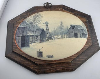 VINTAGE Wood Frame Wall Decor FARM Scene With Convex Plaque Oval 8&quot; X 9.5&quot;