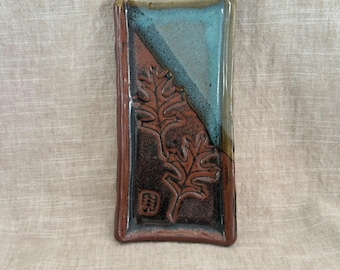 ブルースプルース陶器 1998年製 ヴィンテージ オークリーフ ストーンウェア トレイ 長方形 ブルーブラウン